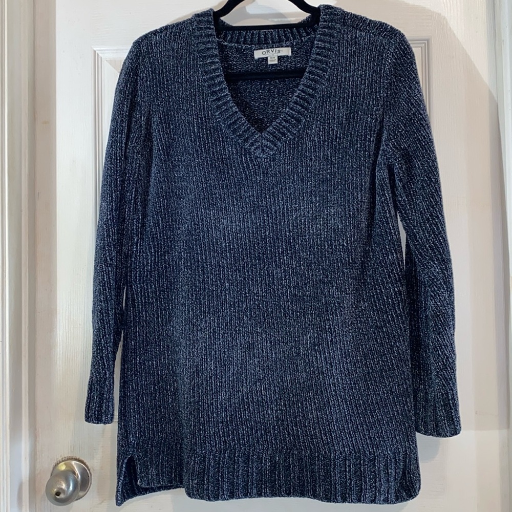 Orvis M Blue/Navy Super Soft Chenille Tunic Sweater Oversized V Neck